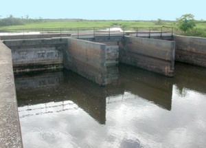 Foto's: Het waterpeil in het van Vouwkanaal en bij de uitlaat van de Nanizwamp is niet wat het wezen moet.-