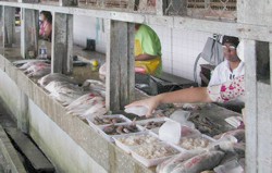Vis wordt zonder de gestelde de eisen ter bescherming van de volksgezondheid aan de man gebracht op de visafdeling van de markt in Nickerie. Het BOG heeft deze afdeling gisteren voor onbepaalde tijd gesloten.
