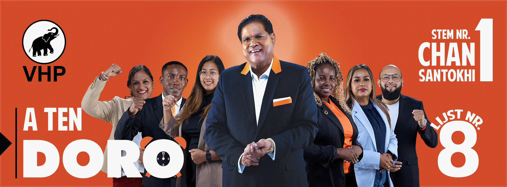 Kan een afbeelding zijn van 5 mensen en de tekst 'VHP STEM NR. SANTOKHI CHAN 1 ජදමණමා A TEN DORO LUST NR 8 GOAM'