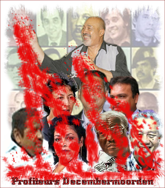 Ingezonden illustratie met titel 'Profiteurs Decembermoorden', verwijzend naar met bloed besmeurde politici die zich direct of indirect geschaard hebben achter Bouterse, aan wiens vingers nog steeds bloed kleeft van de slachtoffers van 8 decembermoorden.  